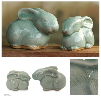Celadon ceramic figurines, 'Blue Rabbits' (pair) - 2 Celadon Ceramic Rabbit Figurines in Light Blue