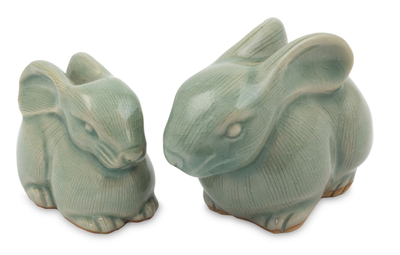 Celadon ceramic figurines, 'Blue Rabbits' (pair) - 2 Celadon Ceramic Rabbit Figurines in Light Blue