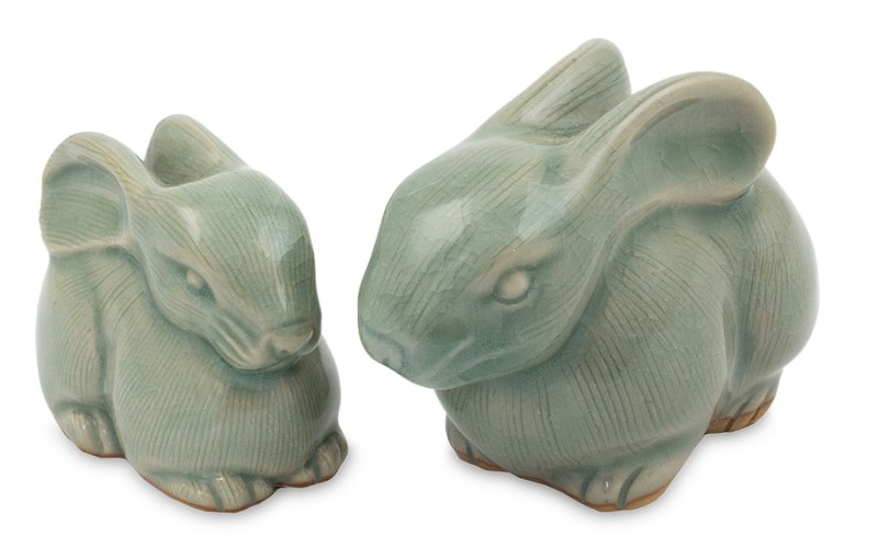 2 Celadon Ceramic Rabbit Figurines in Light Blue - Blue Rabbits | NOVICA