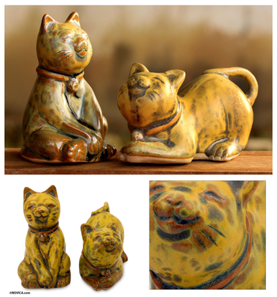 Ceramic statuettes, 'Yellow Feline Sisters' (pair) - Handcrafted Ceramic Cat Statuettes from Thailand (pair)