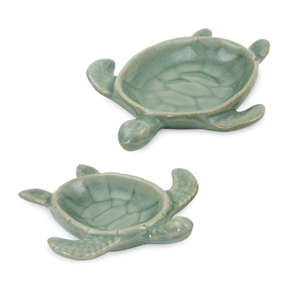 Celadon ceramic bowls, 'Aqua Thai Turtles' (pair) - Handcrafted Celadon Ceramic Bowls from Thailand (pair)