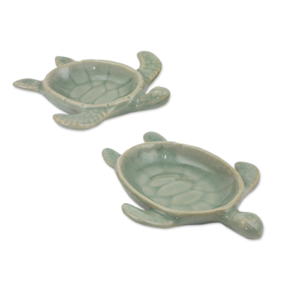 Cuencos de cerámica de celadón, 'Aqua Thai Turtles' (par) - Cuencos de ceramica de celadon hechos a mano en Tailandia (par)