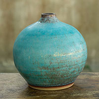 Ceramic vase, 'Turquoise Realm' (large) - Watertight Ceramic Vase Crafted by Hand (large)