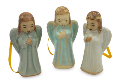 Celadon ceramic ornaments, 'Christmas Angel' (set of 3) - 3 Handmade Angel Ornaments in Celadon Ceramic