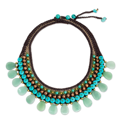 Knitted Choker Necklace with Blue and Green Color Multi-gems