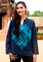 Cotton batik tunic, 'Blue Frangipani Universe' - Handcrafted Batik Cotton Tunic Long Sleeve Blouse