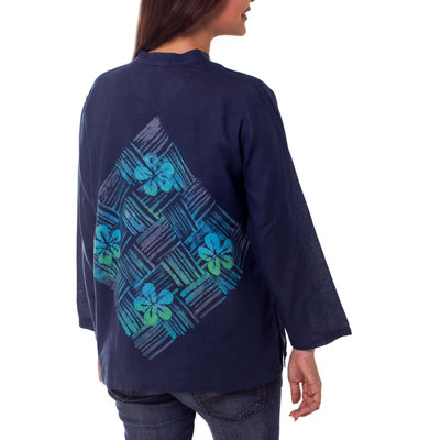 Cotton batik tunic, 'Blue Frangipani Universe' - Handcrafted Batik Cotton Tunic Long Sleeve Blouse