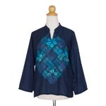 Cotton batik tunic, 'Blue Frangipani Universe' - Handcrafted Batik Cotton Tunic Long Sleeve Blouse