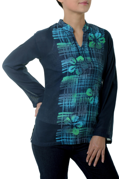 Cotton batik tunic, 'Teal Thai Hibiscus' - Handcrafted Teal Cotton Batik Tunic