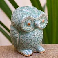 Celadon ceramic figurine, 'Little Blue Owl' - Wide-Eyed Owl with Blue Celadon Glaze from Thailand 