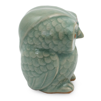 Celadon ceramic figurine, 'Little Blue Owl' - Blue Celadon Ceramic Owl Figurine