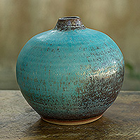 Ceramic bud vase, 'Turquoise Realm' (medium) - Ceramic Handcrafted Bud Vase from Thailand