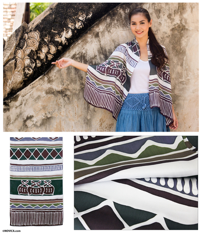 Silk batik scarf, 'Uniquely Green Lanna' - Artisan Crafted Silk Batik Scarf from Thailand