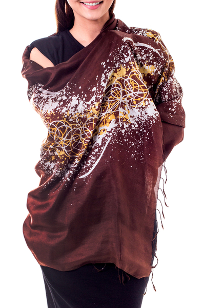 Silk batik shawl, 'Fireworks on Brown' - Silk Batik Shawl in Brown and Yellow from Thailand