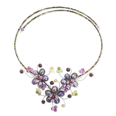 Cultured pearl and gemstone flower necklace, 'Purple Sonata' - Pearls and Multi-gemstone Necklace Artisan Jewelry