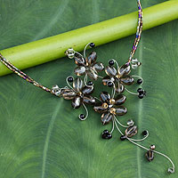 Smoky quartz flower necklace, 'Refinement' - Handmade Smoky Quartz Floral Necklace
