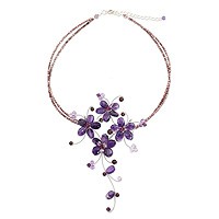 Amethyst and garnet flower necklace, 'Refinement' - Handmade Amethyst and Garnet Floral Necklace