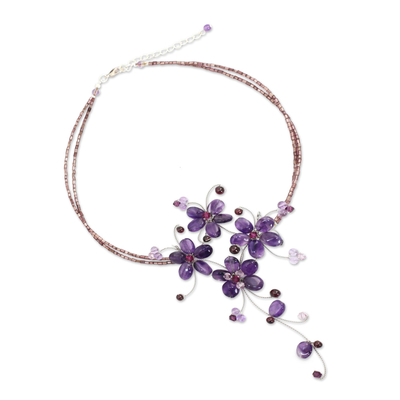 Amethyst and garnet flower necklace, 'Refinement' - Handmade Amethyst and Garnet Floral Necklace