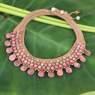 Rhodonite and chalcedony choker, 'Fantastic Pink' - Choker Necklace with Rhodonite and Aventurine