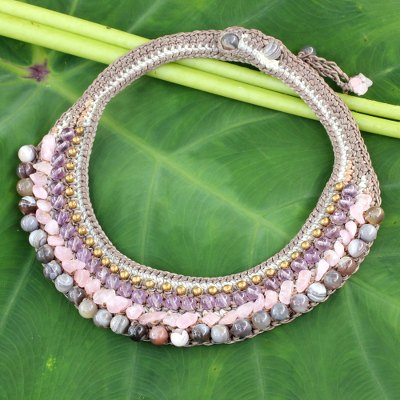 Amethyst and rose quartz beaded choker, 'Mystify' - Beaded Crocheted Choker with Amethyst and Rose Quartz