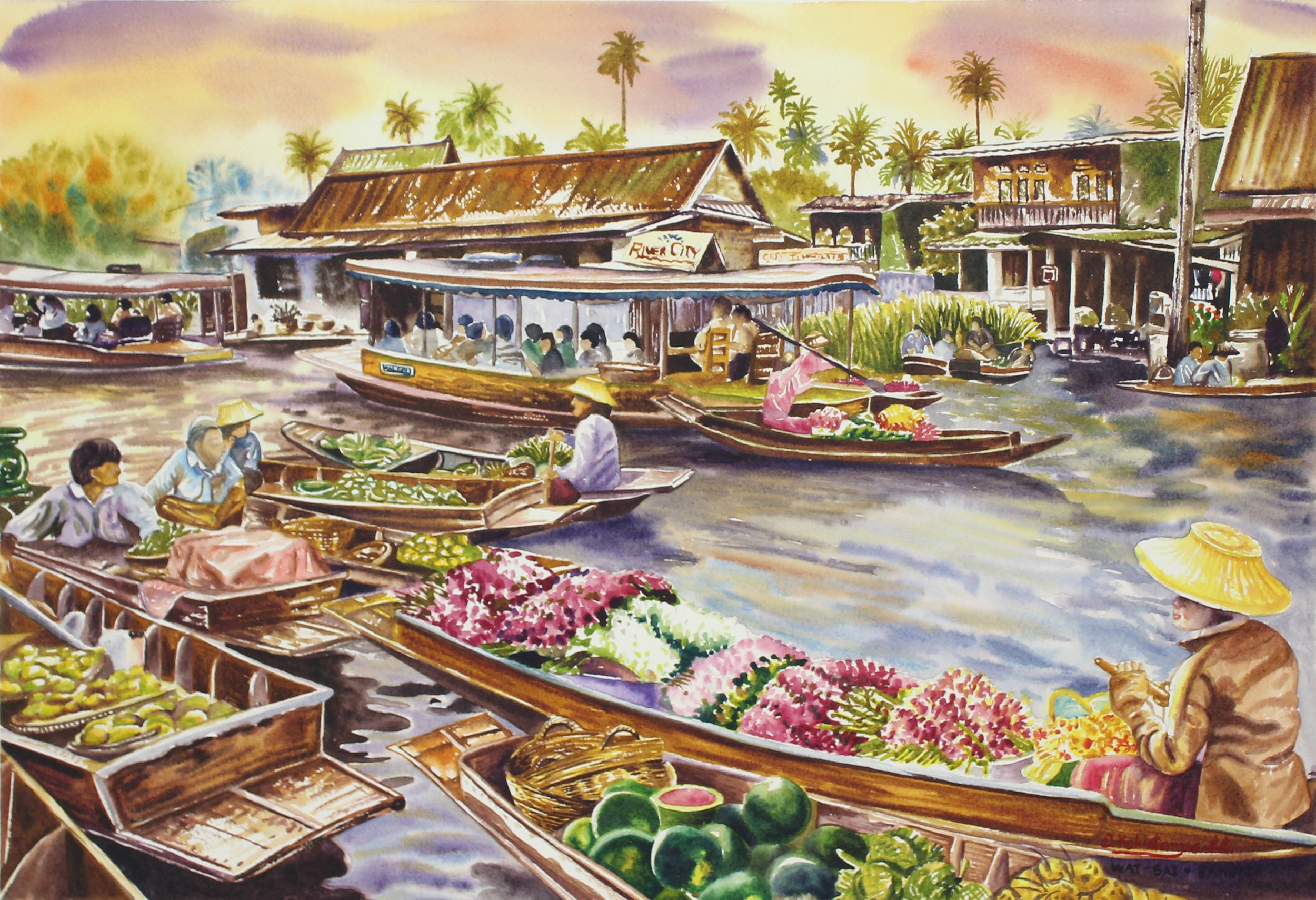 UNICEF Market Thai Floating Market Original Watercolor Painting Wat
