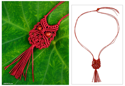 Cotton macrame pendant necklace, 'Scarlet Owl' - Red Cotton Macrame Owl Necklace