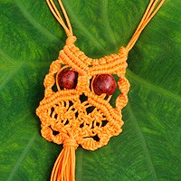 Cotton macrame pendant necklace, 'Orange Owl'