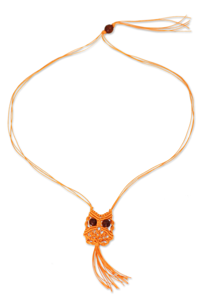 Cotton macrame pendant necklace, 'Orange Owl' - Orange Cotton Macrame Owl Necklace