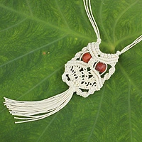 Cotton macrame pendant necklace, 'White Owl' - Macrame Bird Necklace