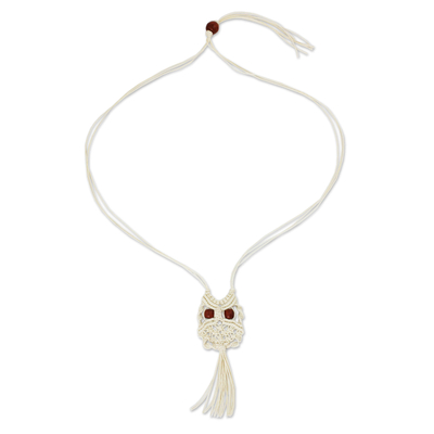 Cotton macrame pendant necklace, 'White Owl' - Handcrafted Thai Macrame Bird necklace