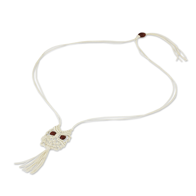 Cotton macrame pendant necklace, 'White Owl' - Handcrafted Thai Macrame Bird necklace