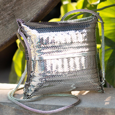 Sterling silver plated shoulder bag, 'Thai Weavings' - Silver Plated Petite Woven Shoulder Bag