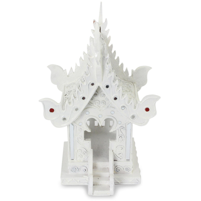 Wood spirit house, 'Lanna White Temple' - Handcrafted Buddhist Spirit House Sculpture