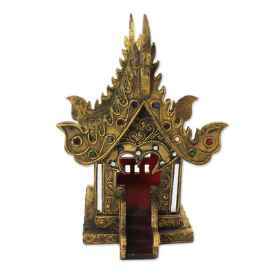 Wood spirit house, 'Lanna Golden Temple' - Hand Crafted Buddhist Spirit House Sculpture