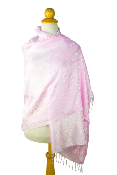 Rayon and silk blend shawl, 'Mandarin Pink' - Pink Floral Damask Shawl