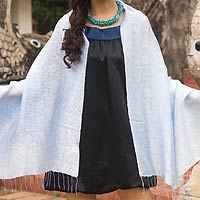 Rayon and silk blend shawl, 'Mandarin Mist' - Blue Floral Damask Shawl