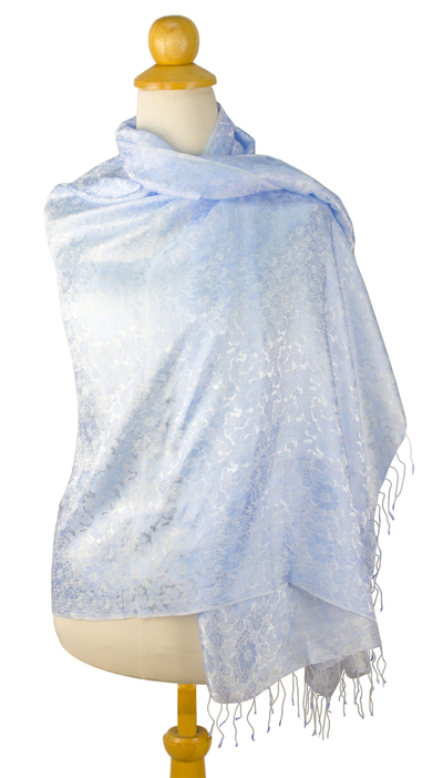 Rayon and silk blend shawl, 'Mandarin Mist' - Blue Floral Damask Shawl