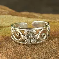 Anillo de dedo de plata de primera ley - Anillo con forma de flor en plata de ley, joyería artesanal tailandesa