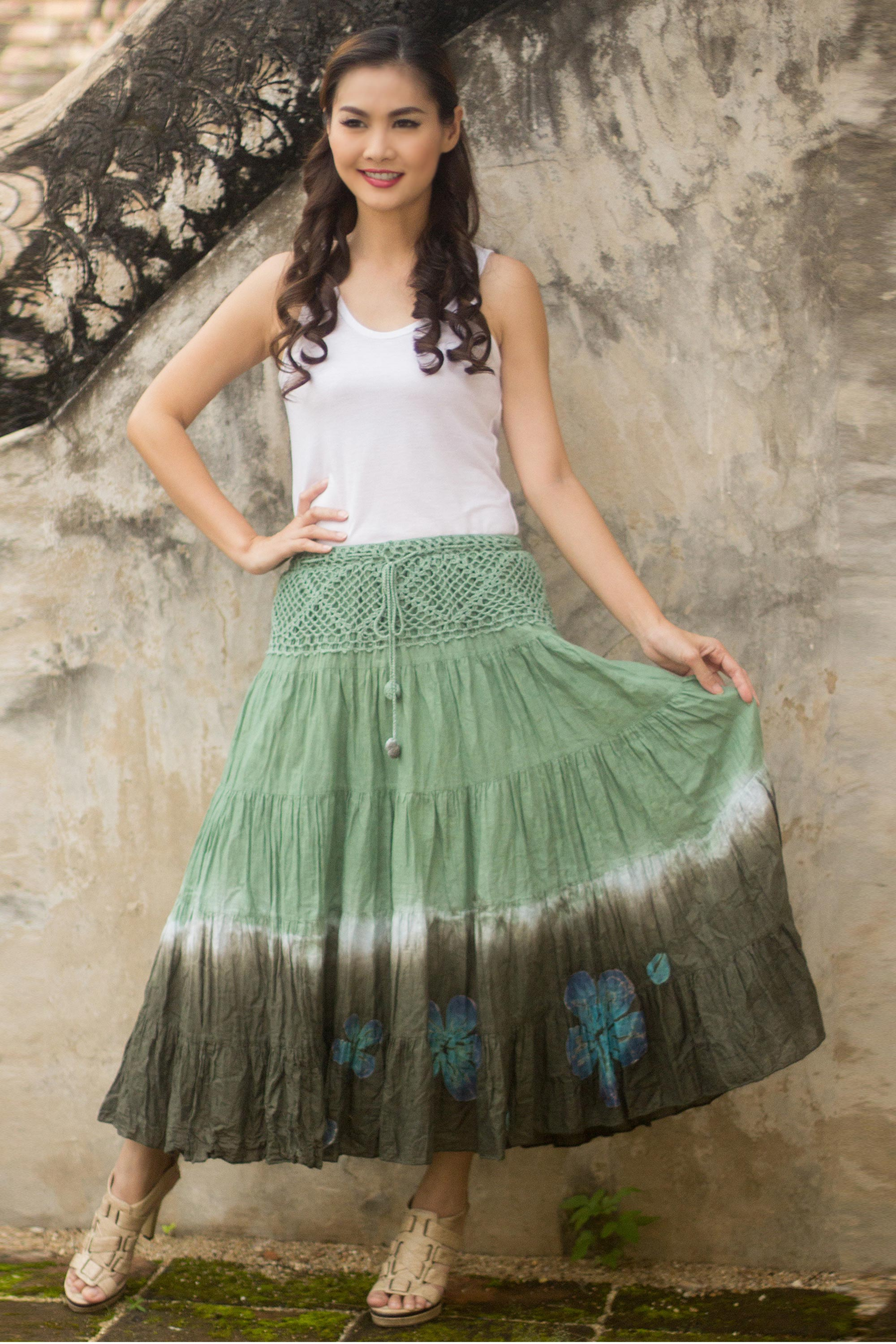 Long Cotton Batik and Crochet Skirt from Thailand - Green Boho Chic ...
