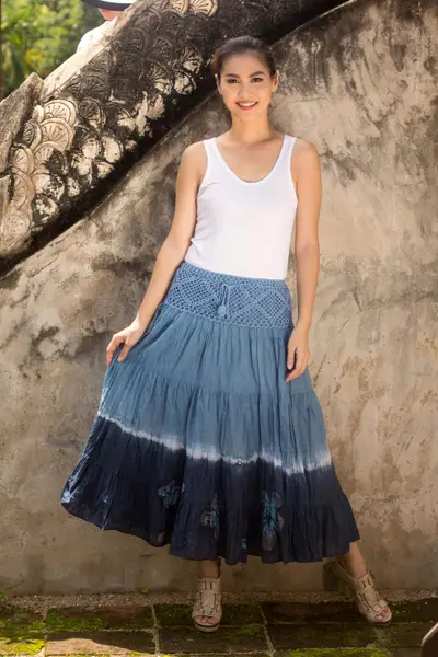 Cotton batik skirt, 'Blue Boho Chic' - Long Cotton Batik and Crochet Skirt from Thailand