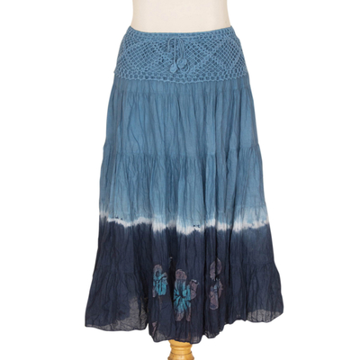 Cotton batik skirt, 'Blue Boho Chic' - Long Cotton Batik and Crochet Skirt from Thailand