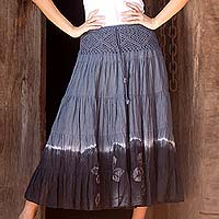 Cotton batik skirt, 'Grey Boho Chic' - Long Cotton Batik and Crochet Skirt from Thailand