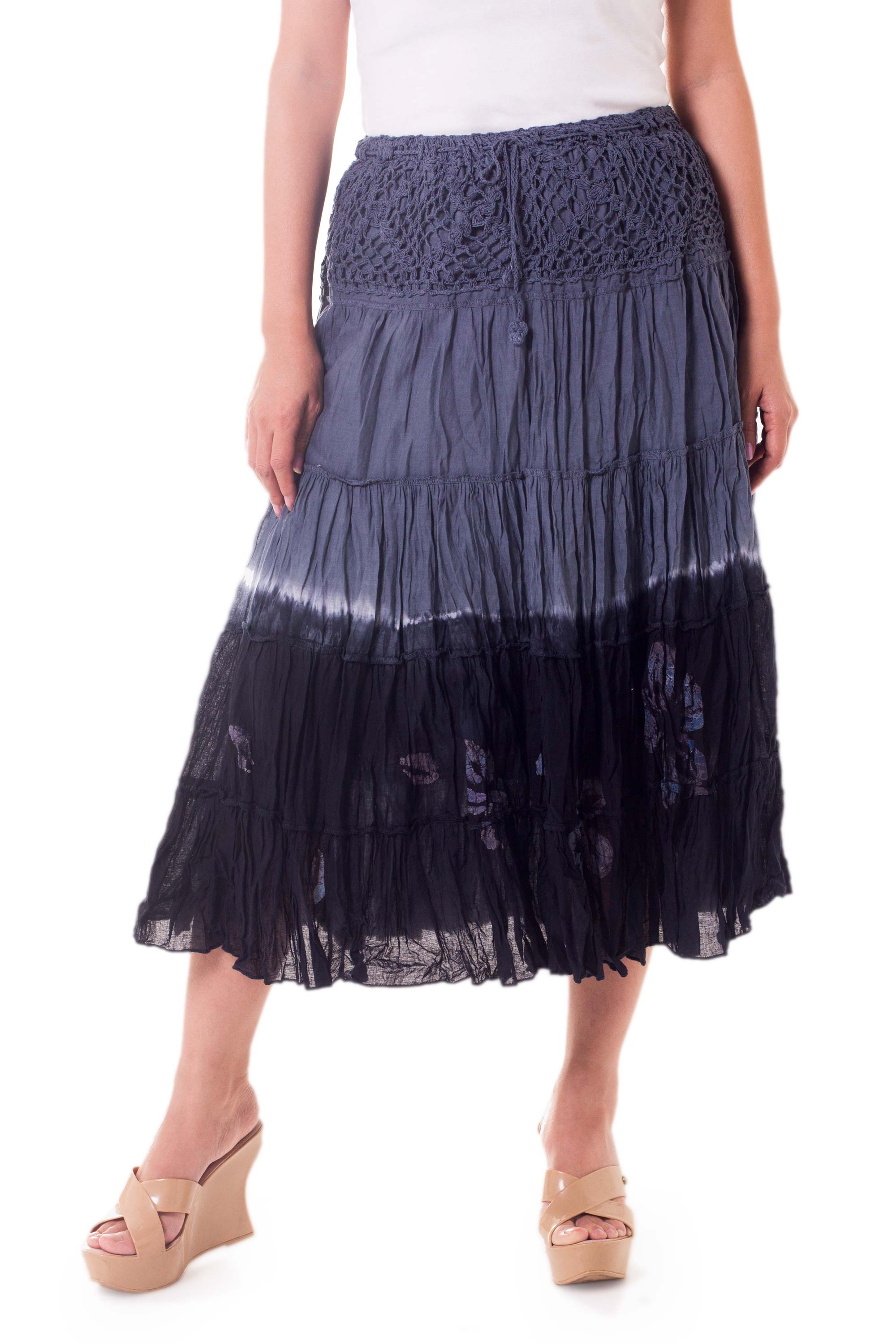 Long Cotton Batik and Crochet Skirt from Thailand - Grey Boho Chic | NOVICA