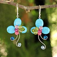 Beaded floral earrings, 'Glistening Clover' - Multi-gemstone Blue Earrings Thai Artisan Jewellery