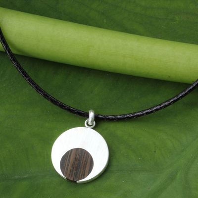Men's wood necklace, 'Everlasting Moon' - Indian Elm on Sterling Silver Necklace for Men Jewelry