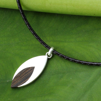 Men's wood necklace, 'Everlasting Leaf' - Indian Elm on Sterling Silver Necklace for Men Jewelry