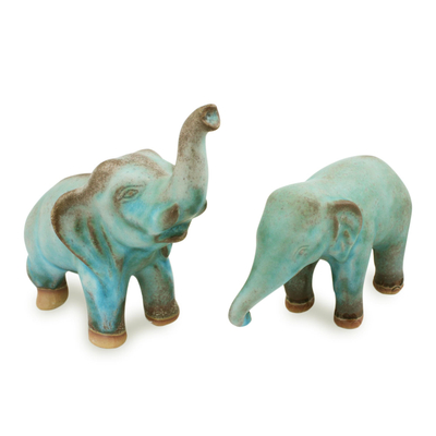 Keramikfiguren, 'Thai Greetings' (Paar) - Kunsthandwerklich gefertigte Keramikfiguren, blaue Elefanten (Paar)