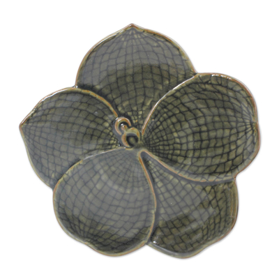 Celadon ceramic serving plate, 'Green Vanda' - Floral Celadon Ceramic Serving Plate