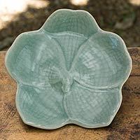 Celadon ceramic serving plate, 'Light Blue Vanda' - Floral Designed Ceramic Serving Dish