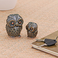 Celadon ceramic figurines, 'Little Green Owls' (pair)